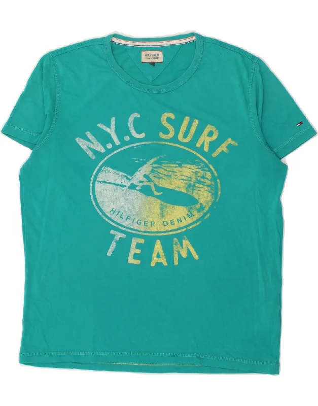 TOMMY HILFIGER Mens Graphic T-Shirt Top Large Turquoise Cotton-- Elegant Classic Vintage