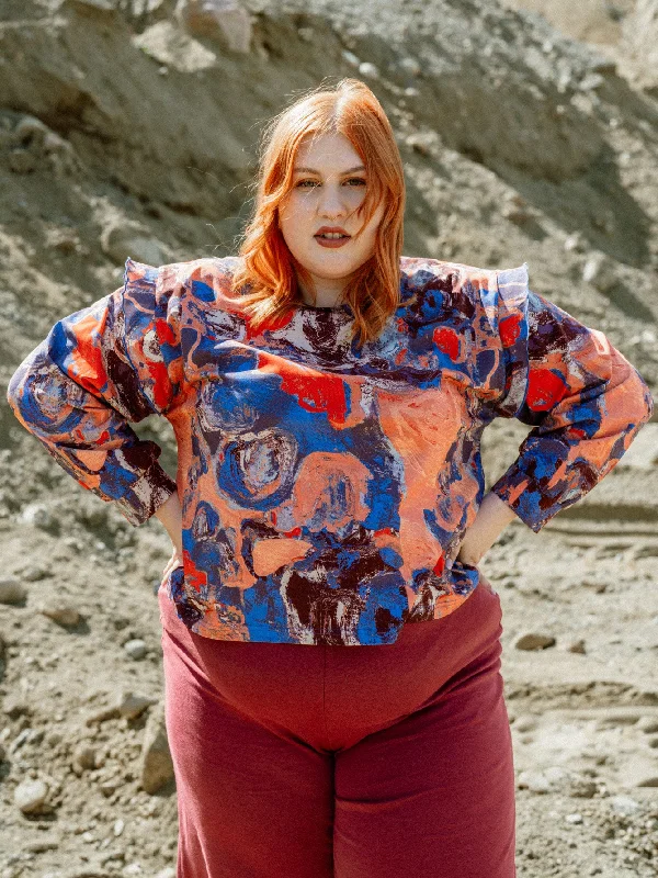 Cameron Shirt Bloom Orange-- Asymmetrical Pockets Print