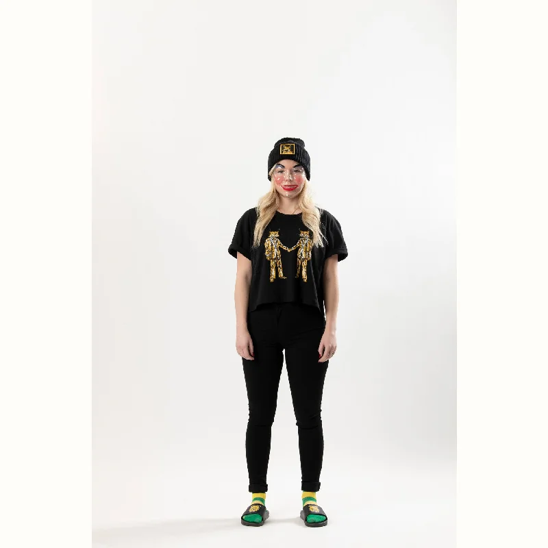Ilves-Elvis Cropped T-Shirt Black-- Knit Fabric Woven Fabric Fleece Fabric