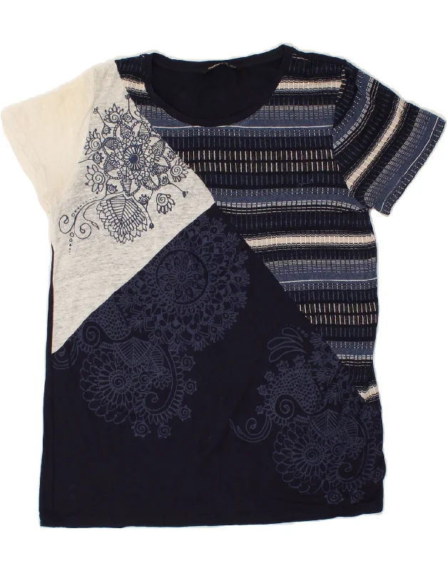 DESIGUAL Womens Graphic T-Shirt Top UK 12 Medium Navy Blue Paisley-- Terry Blend Velvet Blend Canvas Blend