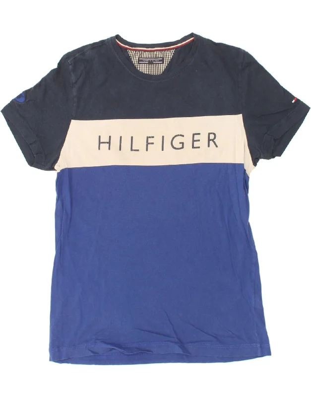 TOMMY HILFIGER Mens Graphic T-Shirt Top Medium Blue Colourblock Cotton-- Cotton Fabric Linen Fabric Terry Fabric