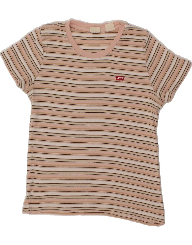 LEVI'S Womens Crop T-Shirt Top UK 10 Small Pink Striped-- Elegant Classic Vintage