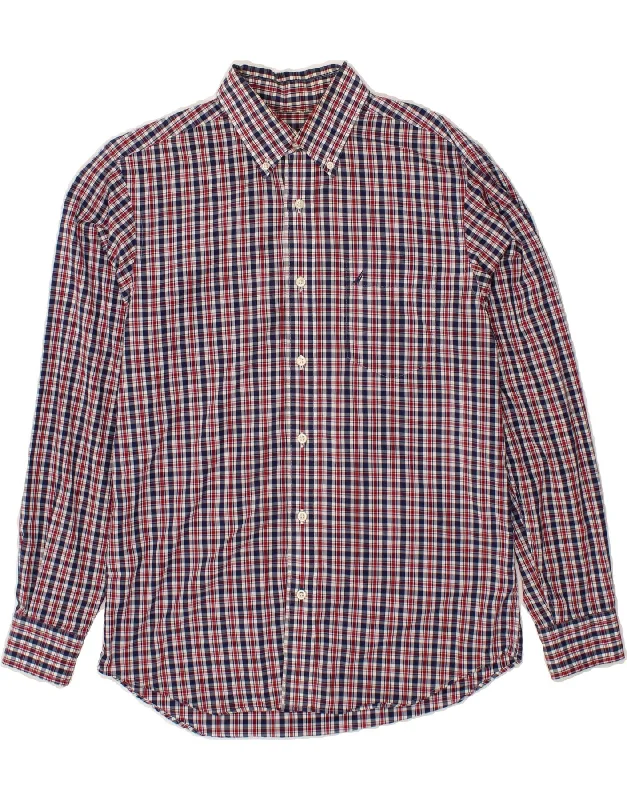 NAUTICA Mens Slim Fit Shirt Medium Navy Blue Check Cotton-- Chenille Blend Fleece Blend Nylon Blend