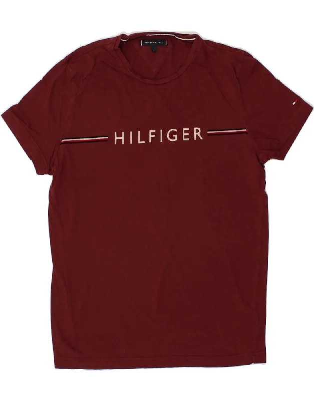 TOMMY HILFIGER Mens Graphic T-Shirt Top Large Burgundy Cotton-- Wool Fabric Cashmere Fabric Tweed Fabric