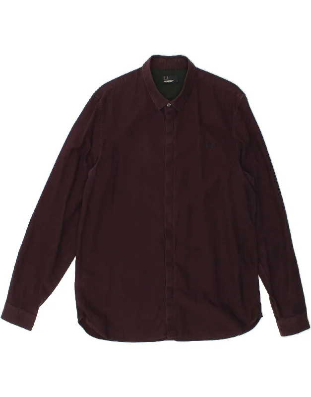 FRED PERRY Mens Shirt Large Burgundy Cotton-- Zippered Front Buttoned Front Snap Front