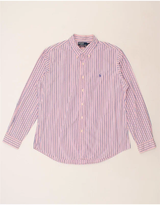 POLO RALPH LAUREN Mens Custom Fit Shirt XL Pink Striped Cotton-- Notch Collar Peter Pan Collar Cowl Neck