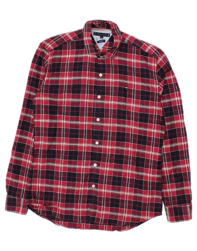 TOMMY HILFIGER Mens Tailored Fit Shirt Medium Red Check-- Satin Blend Silk Blend Wool Blend