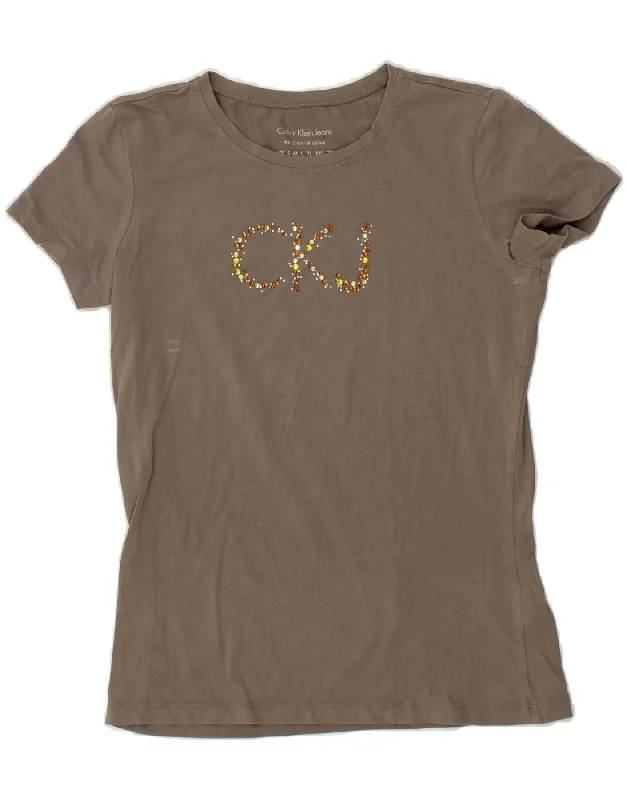 CALVIN KLEIN JEANS Womens Graphic T-Shirt Top UK 14 Large Grey Cotton-- Jersey Fabric Tulle Fabric Batik Fabric