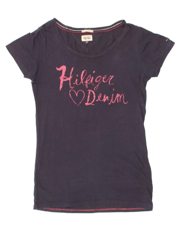 TOMMY HILFIGER Womens Graphic T-Shirt Top UK 6 XS Navy Blue -- Basic T-Shirt Crew Neck Short Sleeve