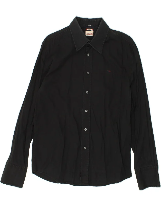 TOMMY HILFIGER Mens Slim Fit Shirt Large Black Cotton-- Front Pockets Side Pockets Patch Pockets