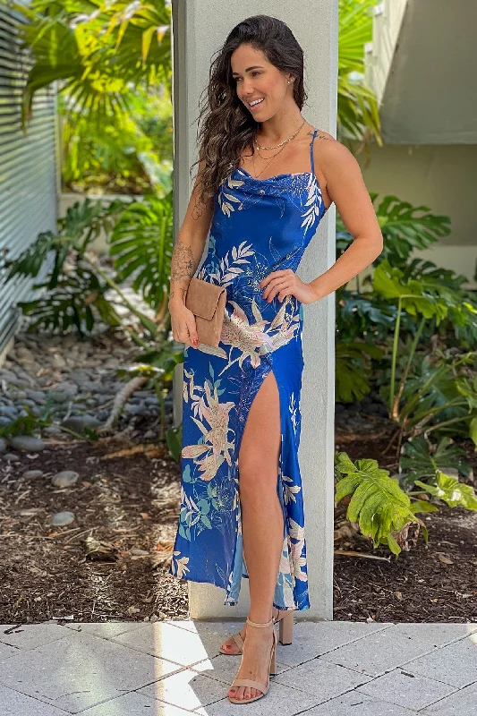 Navy Floral Satin Dress With Slit Bodycon Club Sequined