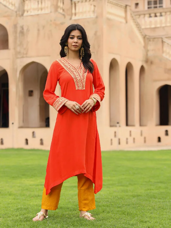 Juniper Women's The Swarna Coral Zari Embroidered Viscose Kurta & Pant Set With Sequins Elegant Dress Pants