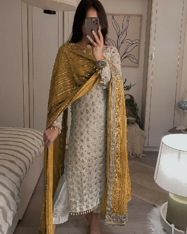 Preksha Creation Indian Fancy Women Yellow Faux Georgette Sequence Embroidered Work Top and Pant With Dupatta Slim Fit Casual Pants