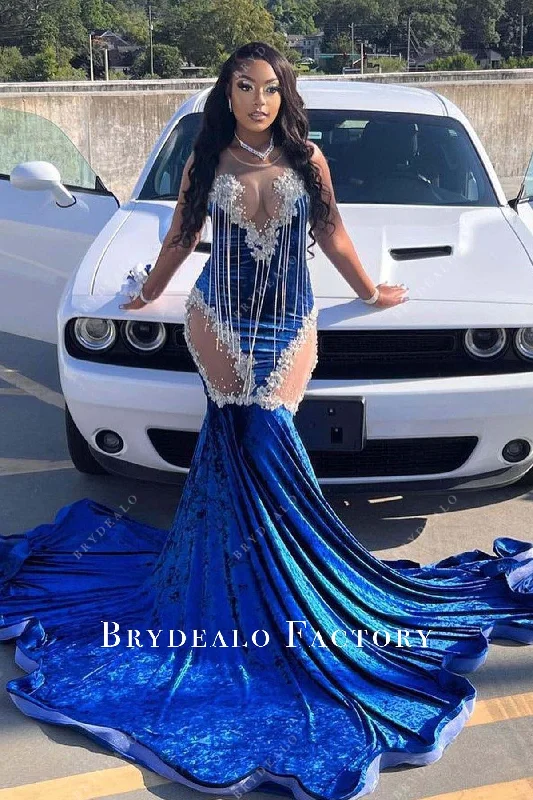 Prom Dress | Rhinestones Royal Blue Velvet Trumpet Formal Gown Tunics Fashionable chic