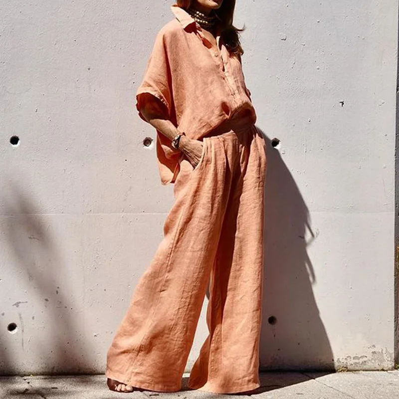 Women's Fashion Solid Color Loose Cotton And Linen Tops Pants Suit Classic Chino Pants