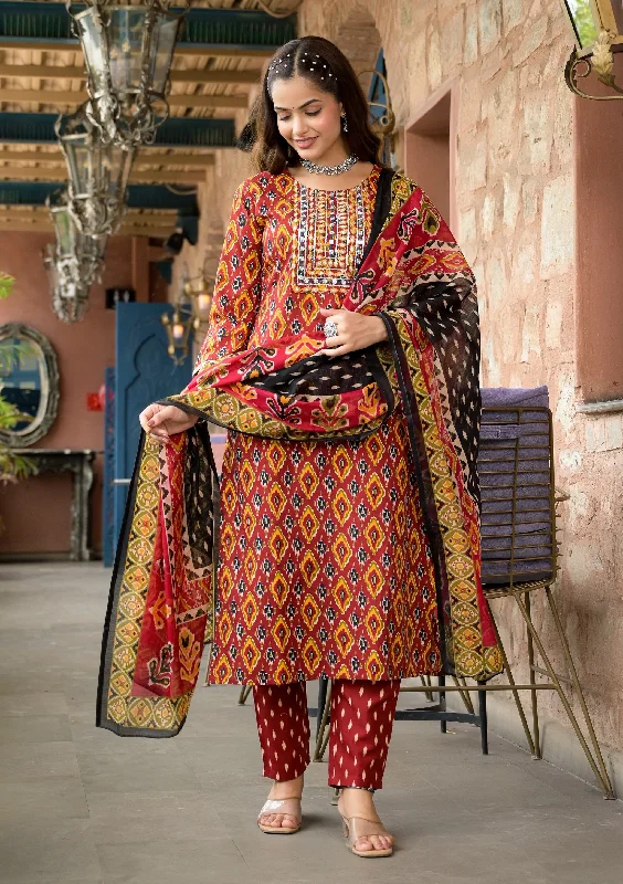 Indian Fashion Women Red Embroidery Viscose Rayon Kurta, Pant And Dupatta Set High-Waist Trousers