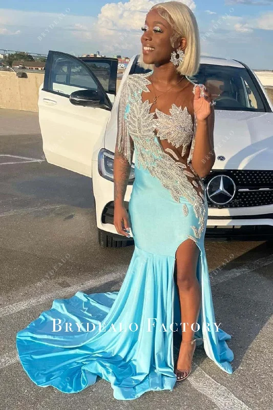 Sparkly Rhinestones Pool Slit Long Train Prom Dress Tunics Velvet soft