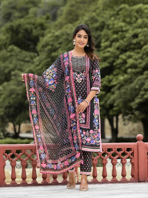 Juniper Women's Black Floral Printed Liva Rayon Kurta Pant And Dupatta Set With Tassels & Sequins Stylish Harem Pants