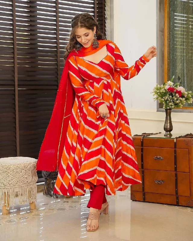 Preksha Creation Indian Festival Special  Leheriya Gown With Dupatta And Pant - Orange Modern Stretch Trousers