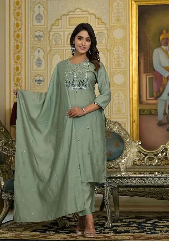 Juniper Women's Mint Viscose Zari & Thread Embroidered Kurta Pant And Dupatta Set With Sequins Comfortable Cargo Pants