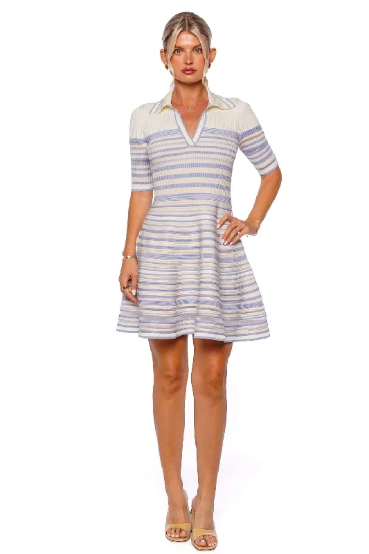 Dessie French Blue Striped Mini Dress Casual V-Neck Mini Dress