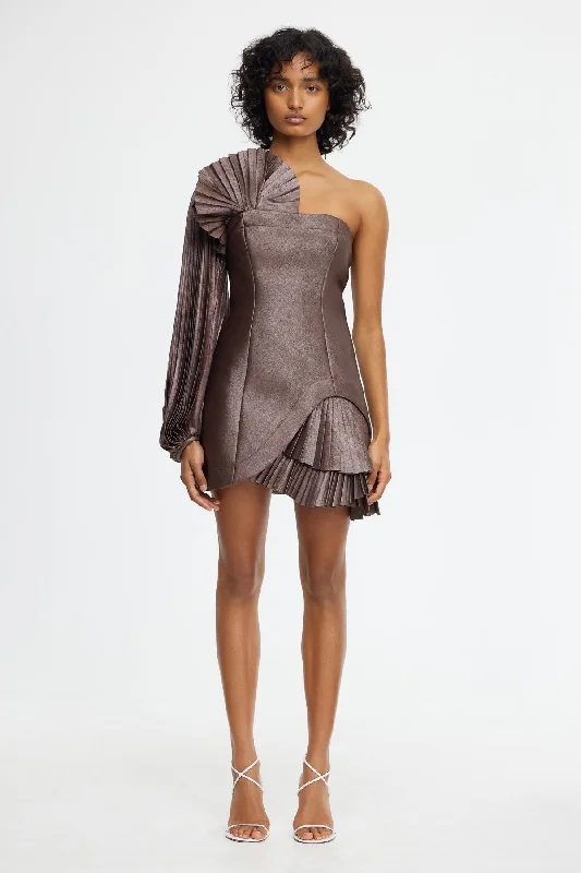 Dartmoor Mini Dress in Coffee Metallic Stylish Plaid Mini Dress