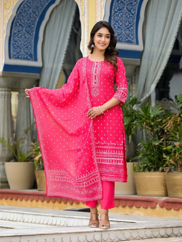 Juniper Women's Pink Ethnic Motif Printed Liva Rayon Kurta Pant And Dupatta Set With Beads Sequins & Lace Casual Lounge Pants