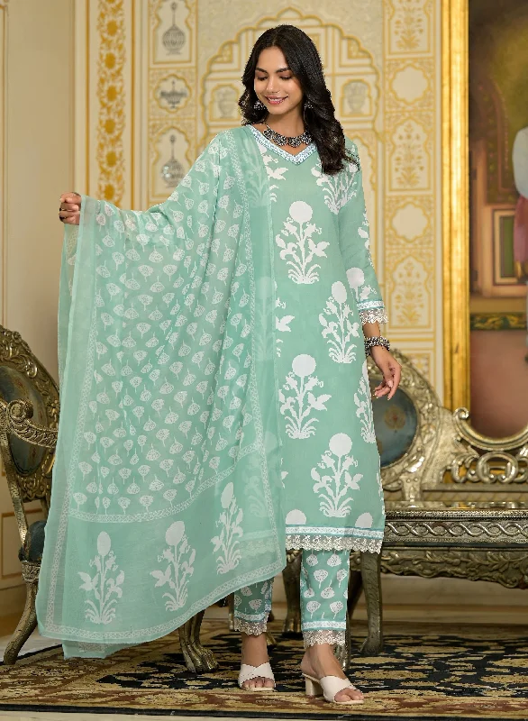 Indian Fashion Women Green Embroidery Viscose Rayon Kurta, Pant And Dupatta Set Stylish Paperbag Waist Pants