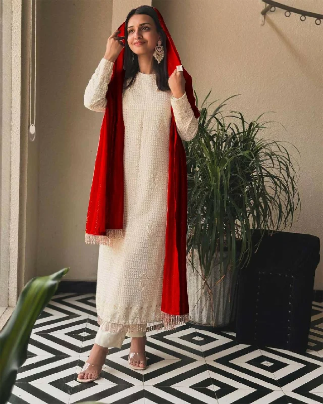 Preksha Creation Desirable Fancy Faux Georgette Sequence Thread Embroidered Work Top And Pant With Dupatta - Red Casual Wide Pants
