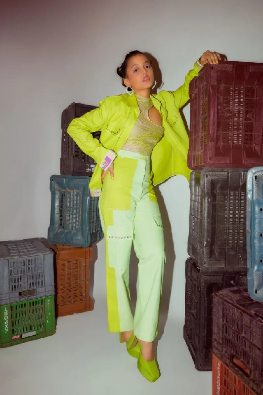 Lime Green Two Tone Denim Cargo Pants Chic Slim Fit Pants