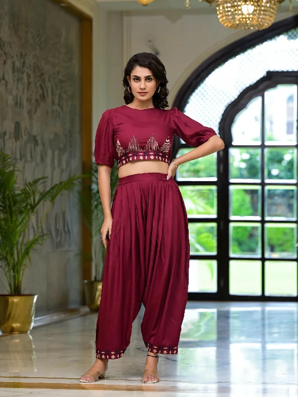 Juniper Women's Rust Thread Embroidered Rayon Top & Dhoti Pant Set Cozy Fitted Pants