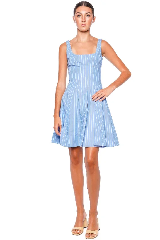 Wells Azure Pinstripe Cotton Mini Dress Stylish Sweetheart Neck Mini Dress