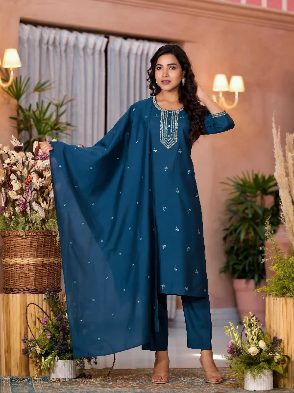 Juniper Women's Teal Thread Work Embroidered Viscose Kurta Pant And Dupatta Set With Buttons Work Classic Stretch Pants