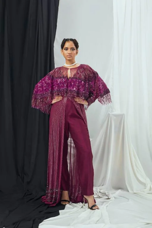 Front Slit Anarkali with Pants and Embellished Cape Set Classic Straight Pants