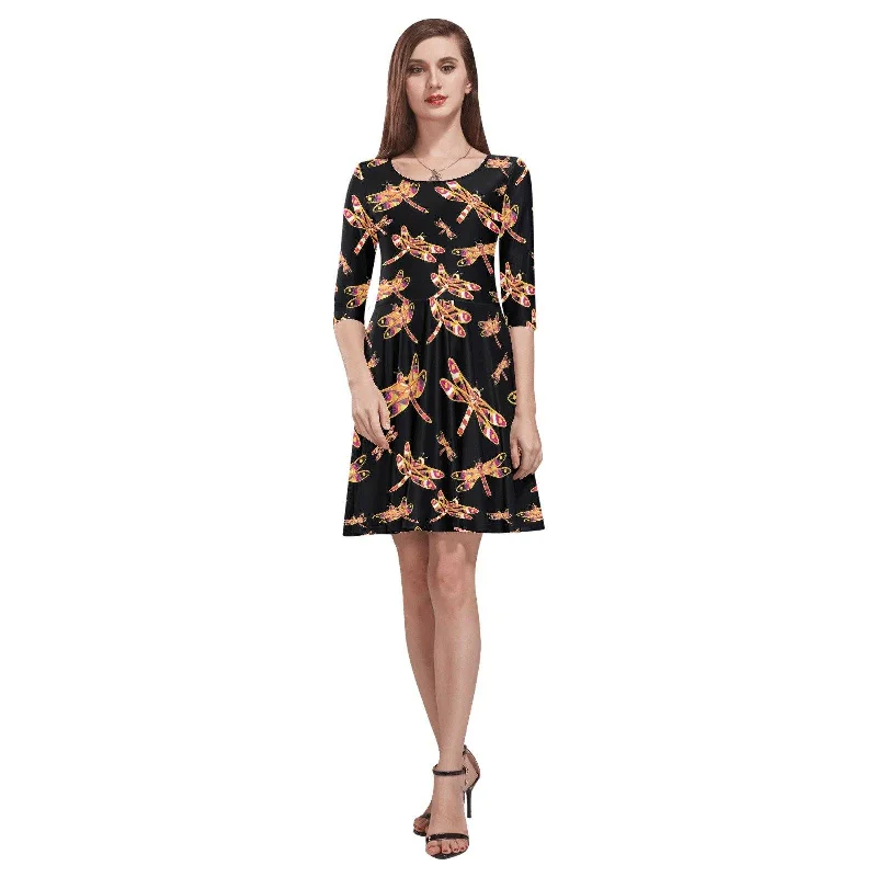 Gathering Yellow Black Tethys Half-Sleeve Skater Dress Tunics Floral girly