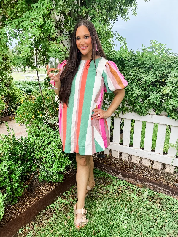Stripe Bubble Sleeve Mini Dress- Multi Classic Black Mini Dress