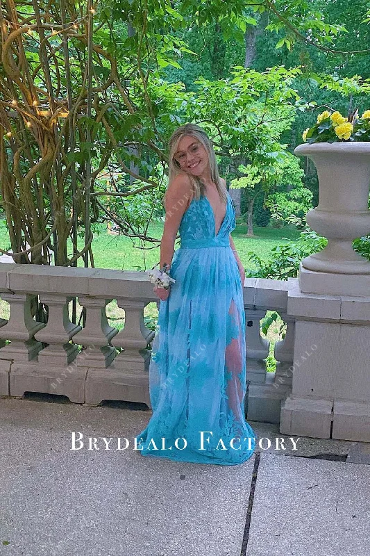 Homecoming Dress | Blue Lace Appliques A-Line Formal Gown Boat Neckline Classic