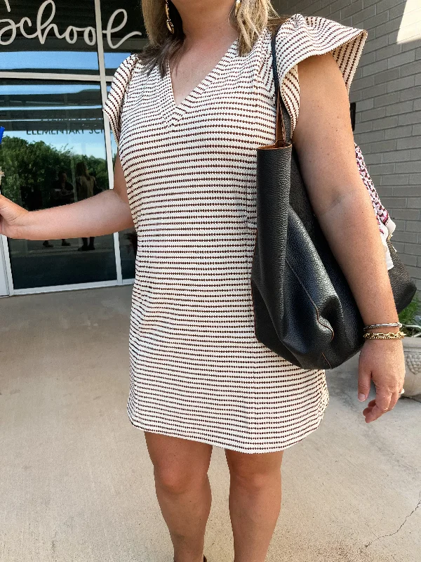 Textured V-Neck Ruffle Sleeve Mini Dress- Ecru Mocha Chic Halter Mini Dress