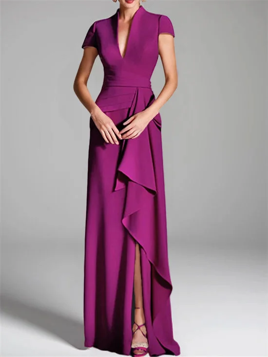 Sheath/Column V-Neck Short Sleeves Floor-Length Mother of the Bride Dresses with Split Side Tunics Luxurious premium