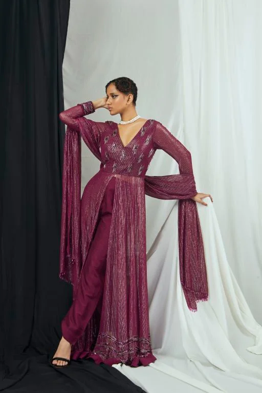 Front Slit Embellished Anarkali with Pants and Dupatta Set High-Waist Yoga Pants