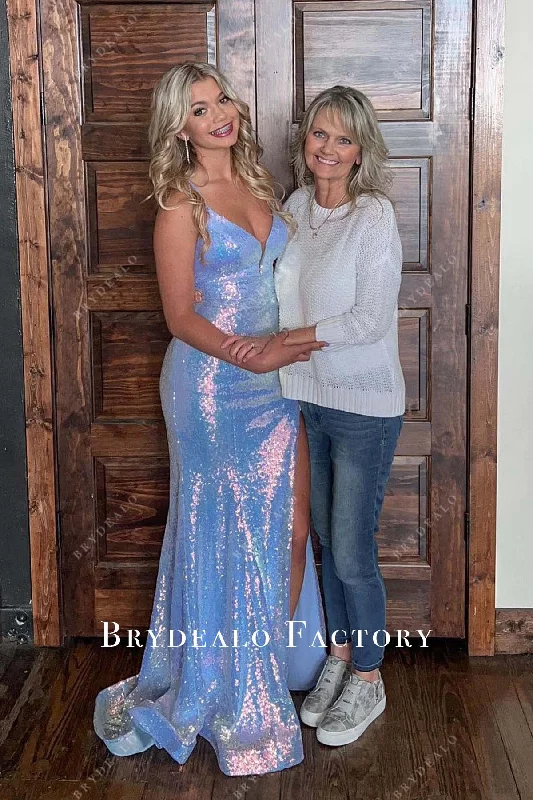 Iridescent Blue Sequined Mermaid Slit Homecoming Dress Tunics Solid Classic