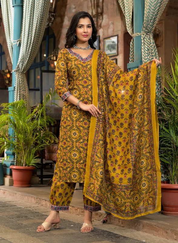 Indian Fashion Women Yellow Embroidery Viscose Rayon Kurta, Pant And Dupatta Set Stylish Elastic Waist Pants