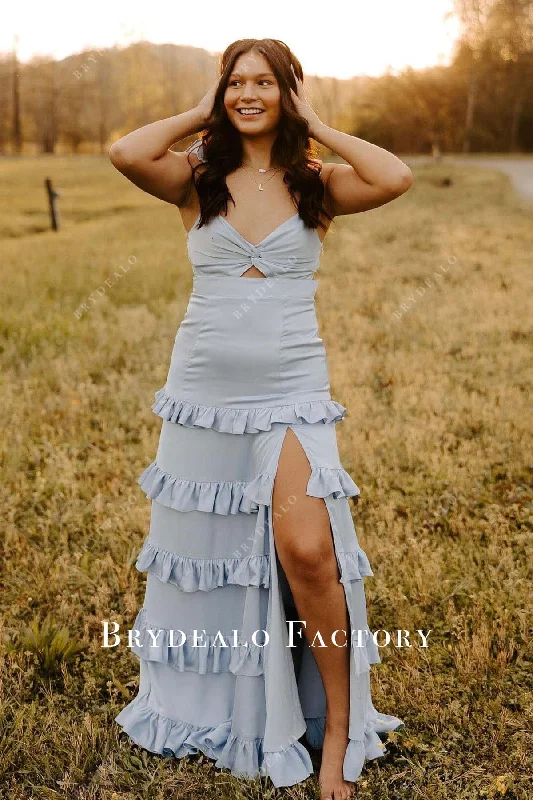 Ice Blue V-Neck Slit Tiered Floor Length Prom Dress Tunics Polka dots