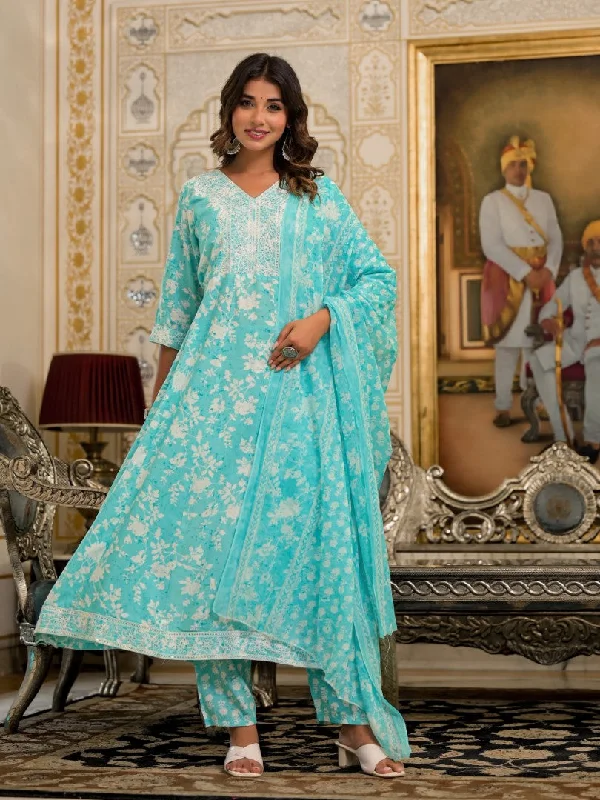 Juniper Women's Green Floral Printed Liva Rayon Kurta, Pant And Dupatta Set With Thread & Sequins Work Trendy Printed Leggings