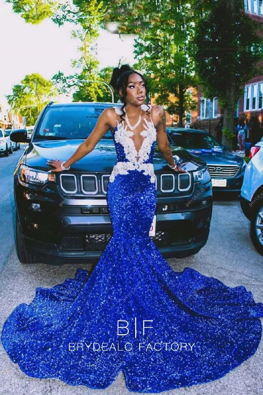 Royal Blue Stretchy Sequin Mermaid Beaded Plunging Neck Prom Dress Tunics Versatile all-occasion