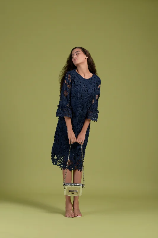 Myra Mesh Pearl Oak Dress - Midnight Blue A-Line Day Work