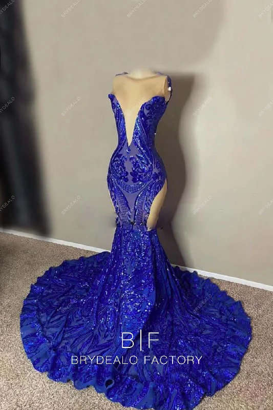 Sleeveless Unique Royal Blue Sequin Mermaid Prom Dress Tunics Luxurious high-end