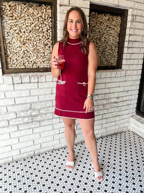 Solid Mock Neck Mini Dress- Merlot Classic Casual Mini Dress