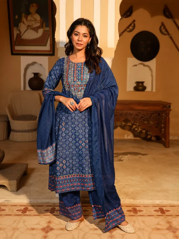 Juniper Women's Blue Ethnic Motif Printed Polycotton Kurta Pant And Dupatta Set With Thread Zari Work & Sequins Slim-Fit Leggings