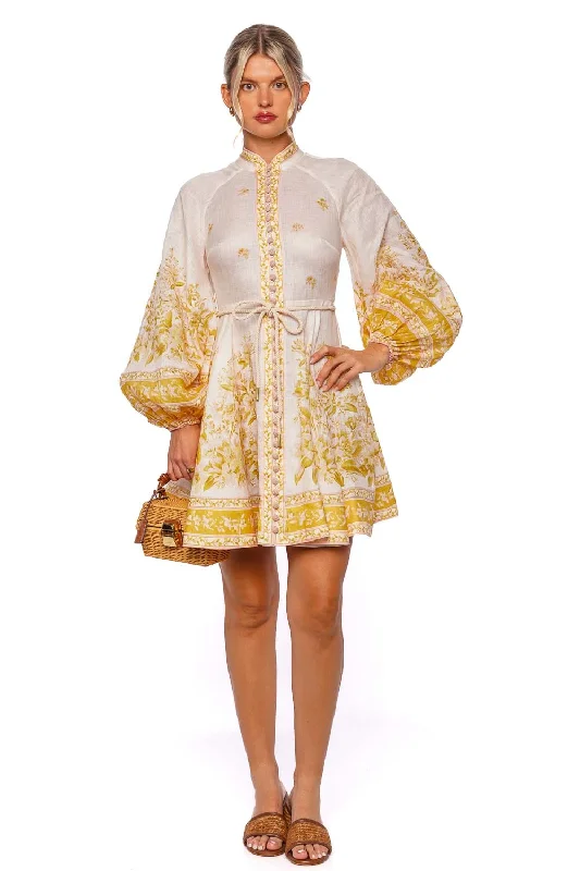Golden Long Sleeve Button Belted Mini Dress Cozy Long Sleeve Mini Dress